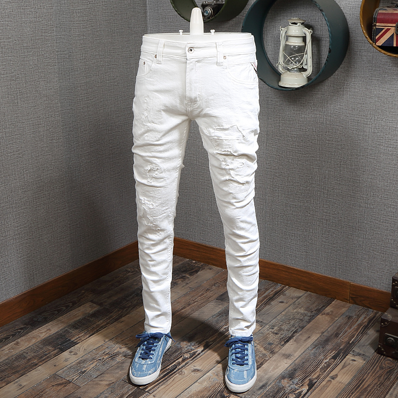 

2021 New Estilo Coreano Moda Masculina Clssico Cor Branca Magro Caber Destrudo Rasgado Masculino Elstico Designer Hip Hop Jeans Homme B4ee, White