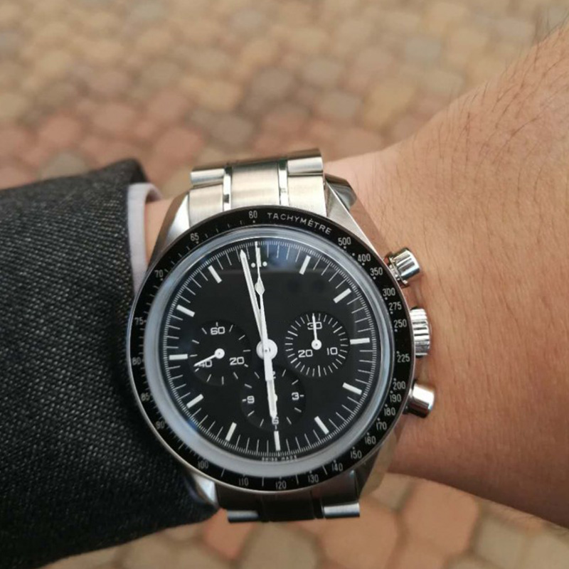 

42mm Automatic Black Face Full Stainless Steel Men&#39s Moon Wristwatch Professional Speed Male Watch, Slivery;brown