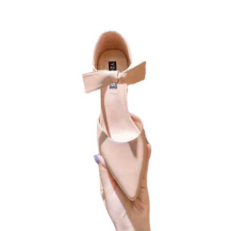 

French Single Shoes Women's Mid Heel Thick Heel Spring Autumn Pointed Fashion Fairy Bow Lady Shoes Pumps 35- 210611, White