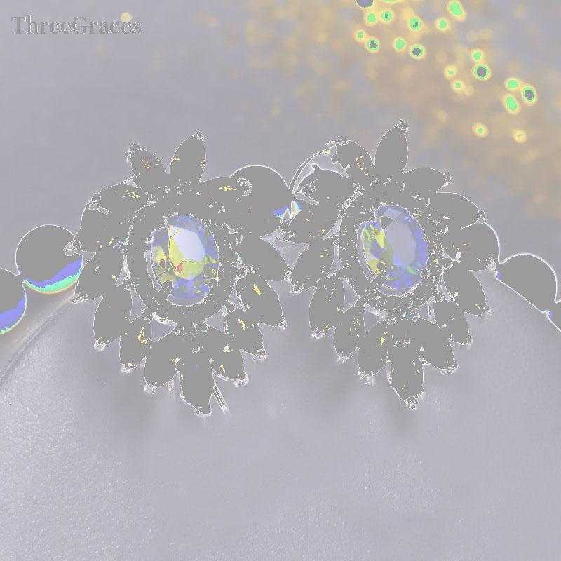 

Stud ThreeGraces Fashion Women CZ Earrings Jewelry Luxury Zirconia Stone Royal Blue Big Leaf Crystal Earring For Wedding ER192, Golden;silver