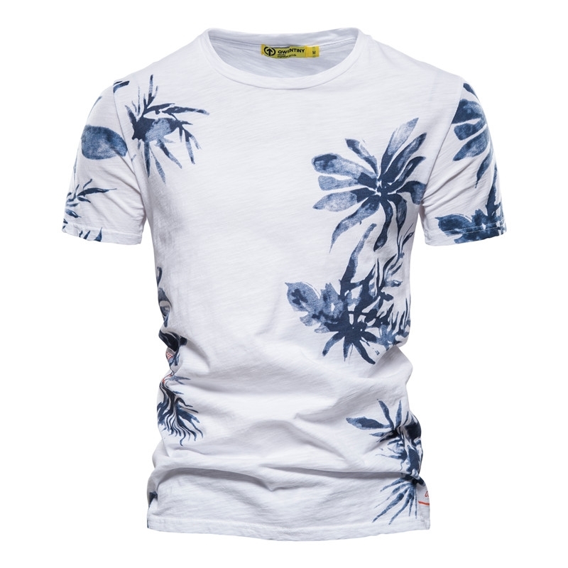 

AIOPESON Leaves Printed T-Shirt Men O-neck 100% Cotton Casual 's T Shirt Summer Quality Fashion Hawaii Style Clothes 210629, White