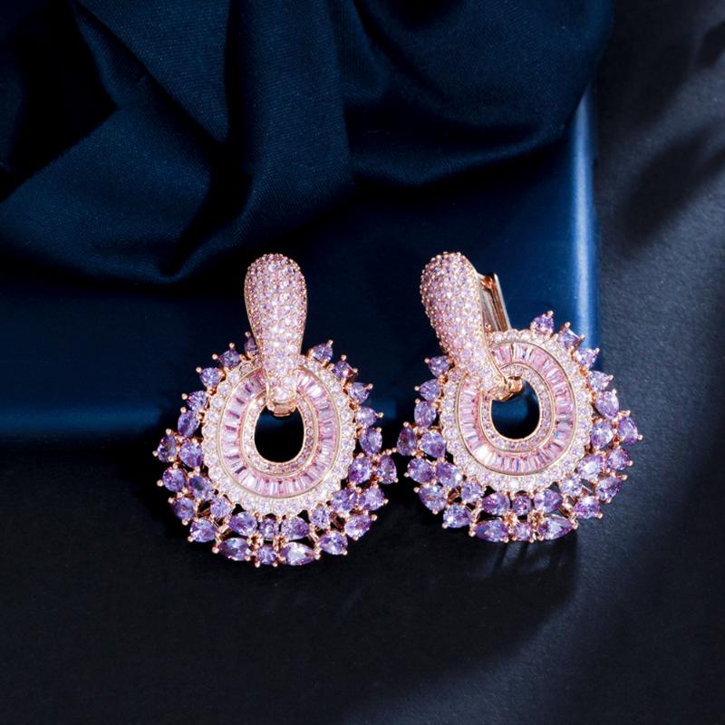 

Dangle & Chandelier ThreeGraces Bohemian Shiny Purple Pink Cubic Zirconia Huggies Earrings For Women Fashion Wedding Costume Jewelry ER718, Silver