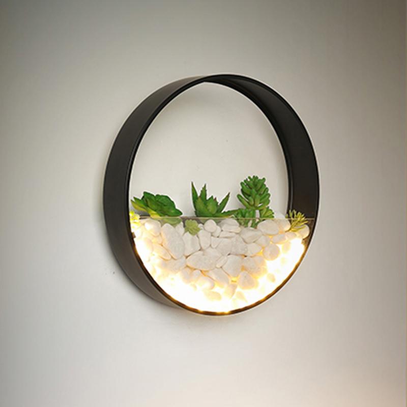 

Modern Plant LED Wall Lamp Bedroom Bedside Decor Metal Wall Sconce White Black Lights Round Artificial Flowers Stone