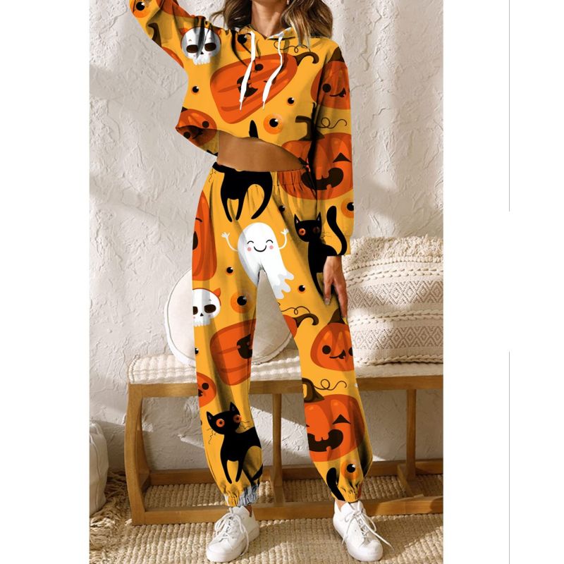 

Halooween Black cat comfortable pattern women's pants autumn and winter women's sportswear thickened fleece cotton jacket 2-piece sweatshirt pants hoodie set, Orange