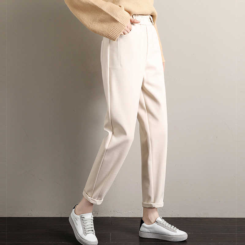 

Arrival Autumn Winter Women Elastic Waist Loose Woolen Pants all-matched Casual Harem Pants Female Trousers S314 210608, Khaki