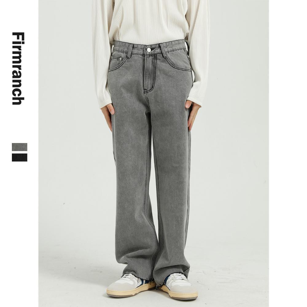

Firmranch Fall/Winter Men/Women Retro Grey &Black Loose Straight Jeans 90s Vintage Casual Long Trousers All Match Denim Pants