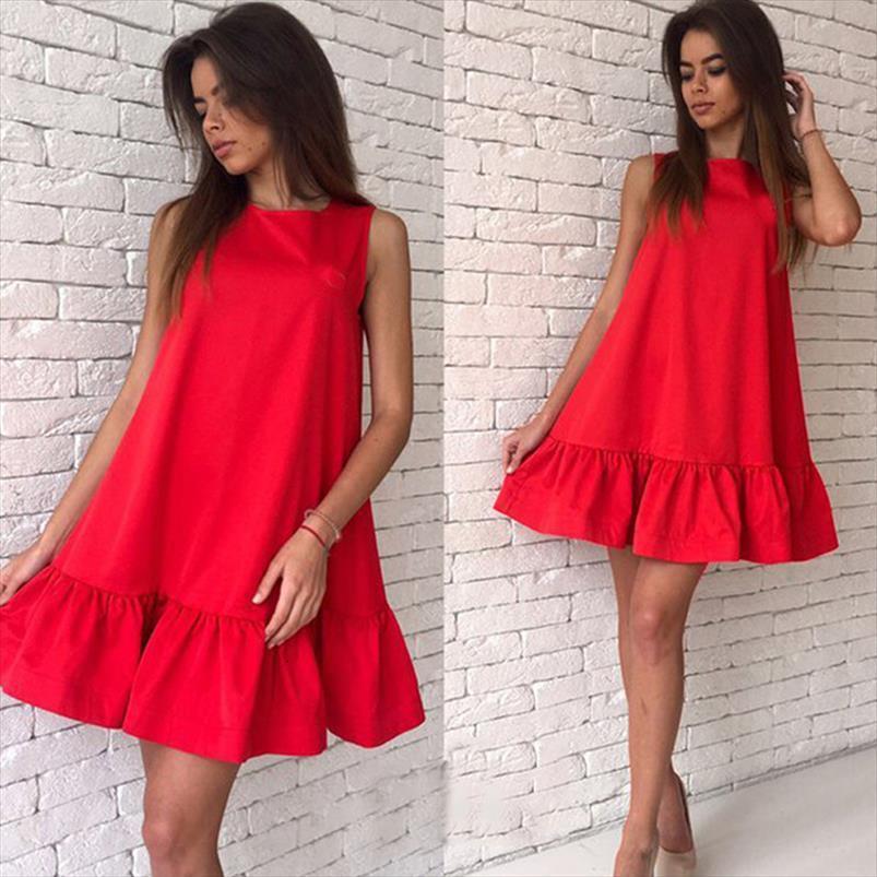 

sleeveless summer plus size womens dresses beach party o neck blue mini red ruffle casual loose sundress ladies vestidos, Black;gray