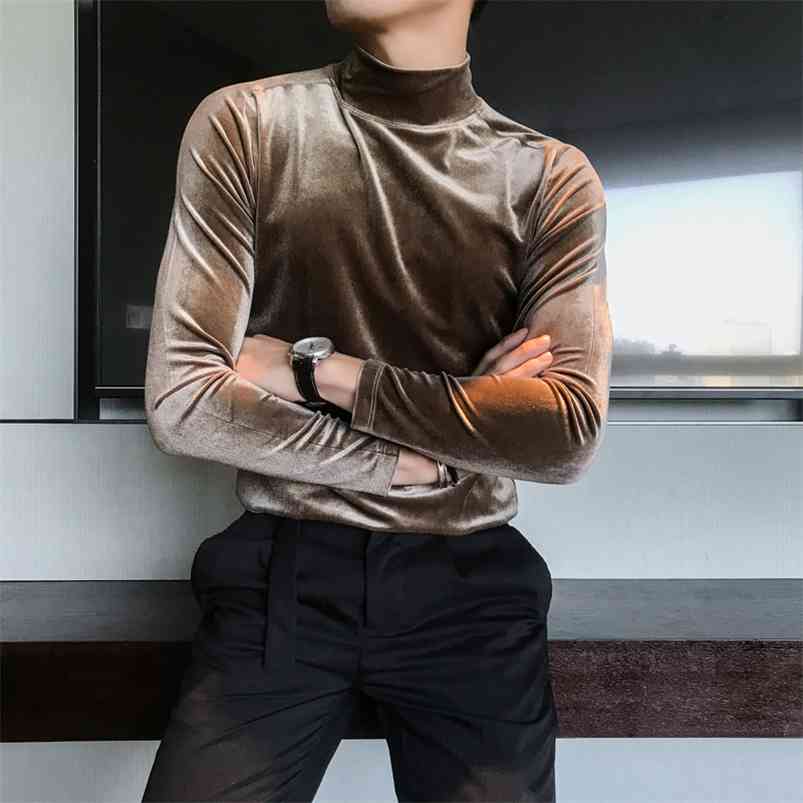 

Autumn Long Sleeve T Shirts Men Fashion Men Clothes Velvet Stretched Turtleneck Slim Fit All Match Solid Men T-Shirts 210722, Dark coffee