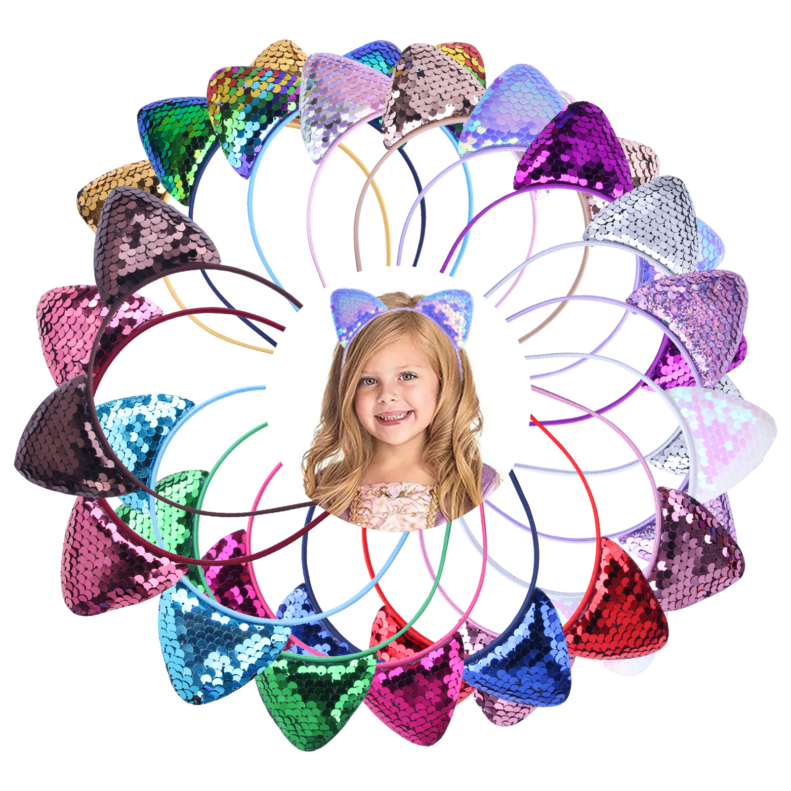 

Fashion Cute Sequins Cat Ears Hair Hoops Headband For Girls Kids Hairbands Head Band Baby Toddler Accessories Headwear Children, Mixed colors or remark