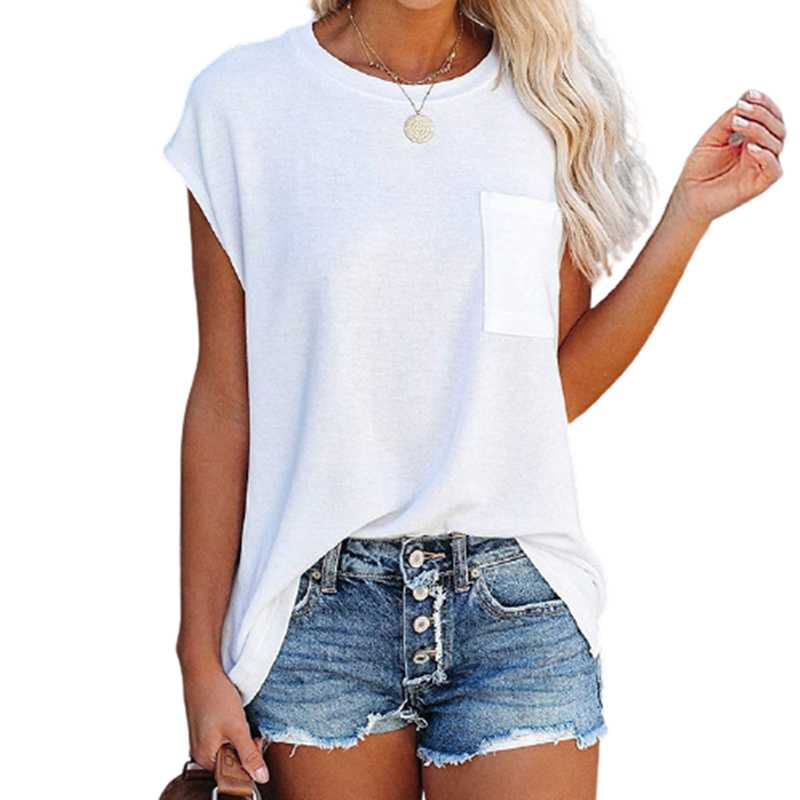 

Women' T-Shirt Casual Solid Pocket Simple Summer Women O-Neck Short Sleeve Loose White Top 2021 Ladies Harajuku Black Pink Green Tees, 8290 light grey