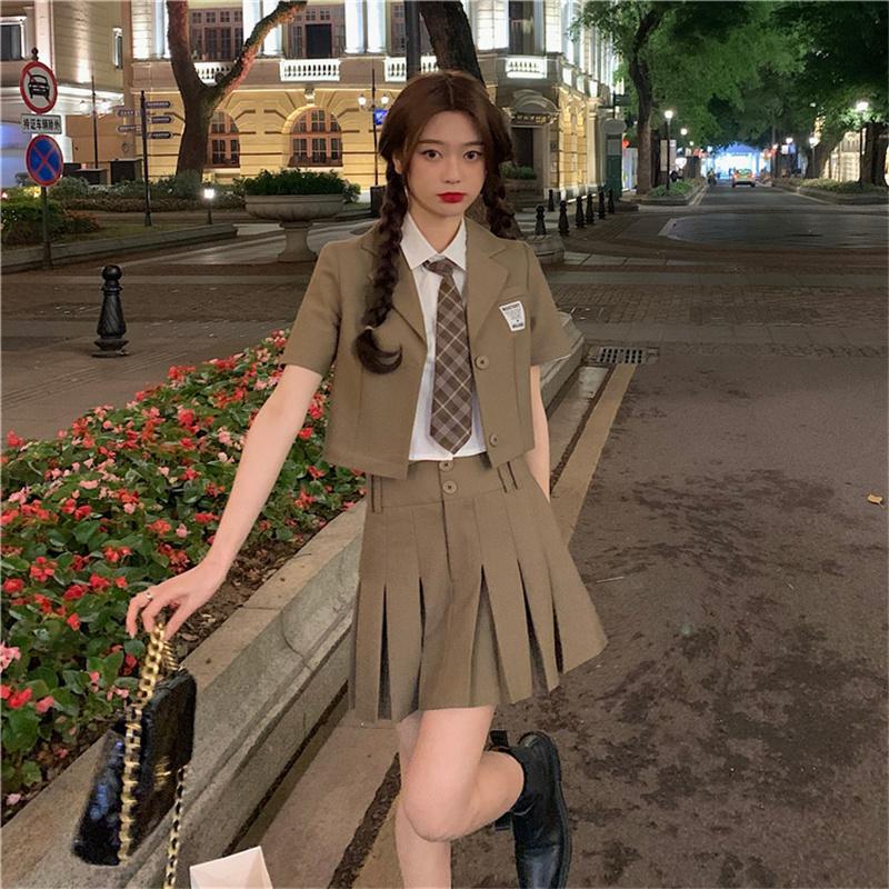 

Clothing Sets 2021 Summer College Style Suit Short Skirt Uniform Jacket High Waist Pleated 2Pcs Oversize Korean Sexy, Color1