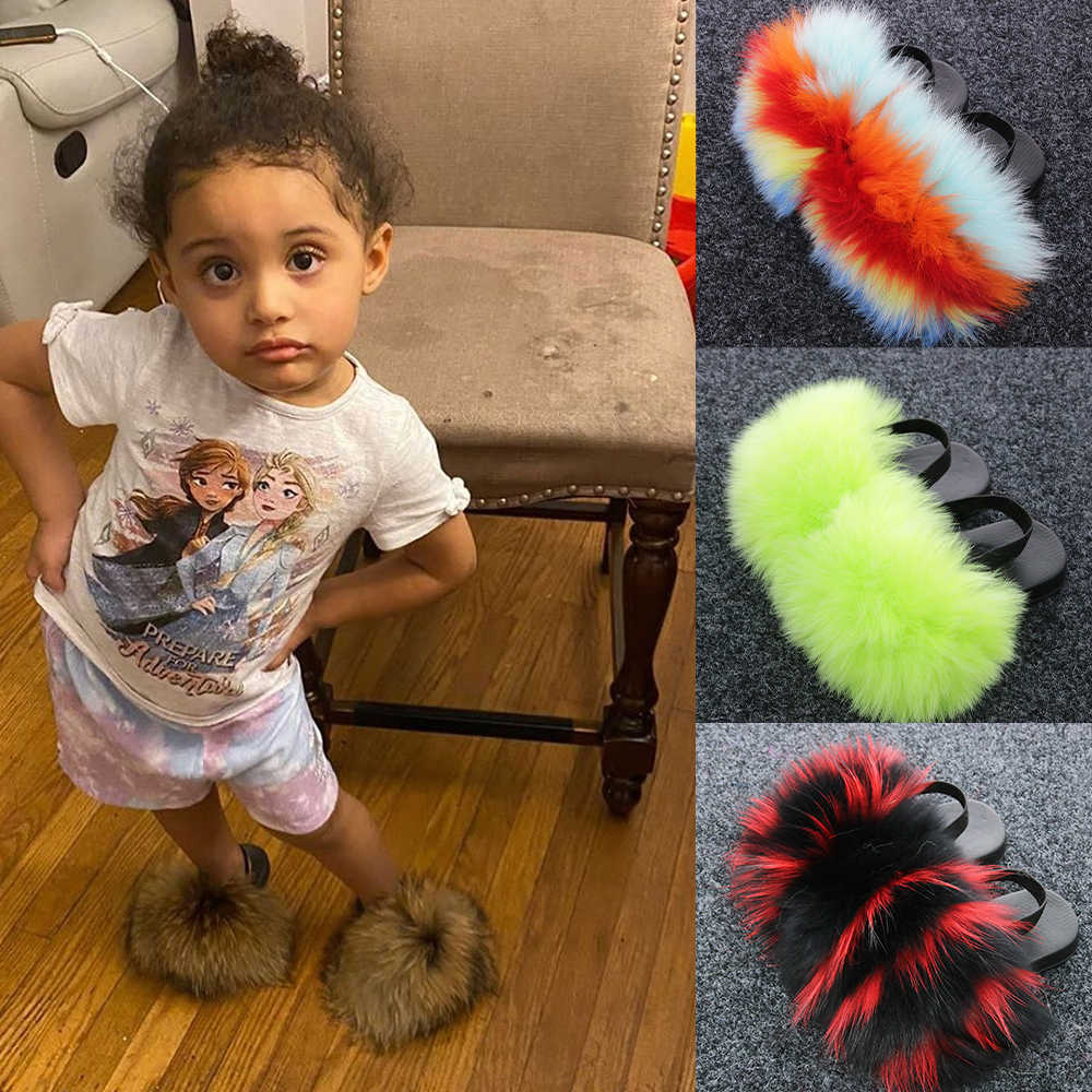 

Fluffy Raccoon Fur Slides Kids Fur Slippers With Strap Furry Rainbow Sandals Cute Outdoor Flat Fur Flip Flops Girl Fashion Shoes H0914, Fluorescent green