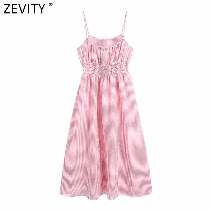 

Zevity Women Sexy Spaghetti Strap Pink Plaid Print Midi Dress Female Prairie Chic Elastic Waist Vestidos Dresses DS8330 210603, As pic ds8330bb