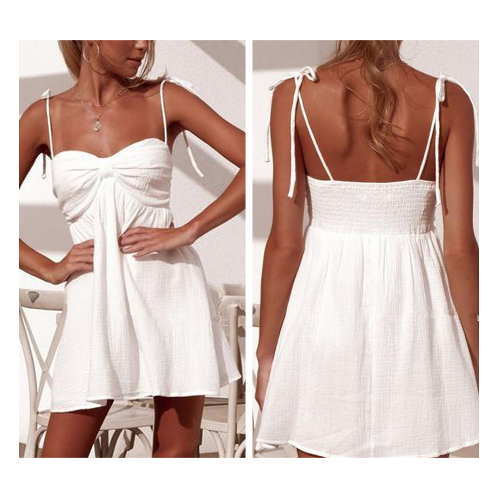 

2021 New Women White Cotton and Linen Short Female Sexy Strap Backless Loose Elegant Boho Slim Mini Es Vintage Y7gj