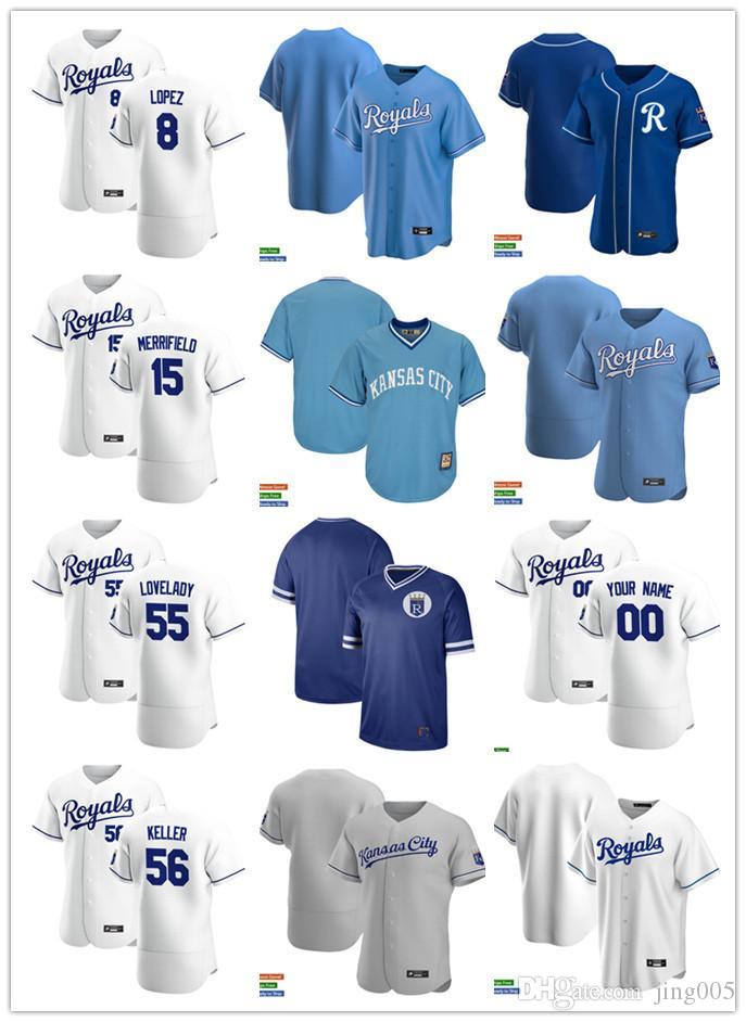 

Men Women Youth 56 Brad Keller 8 Nicky Lopez 55 Richard Lovelady 15 Whit Merrifield Custom Baseball Jersey Blank blue white gray, Blue;black