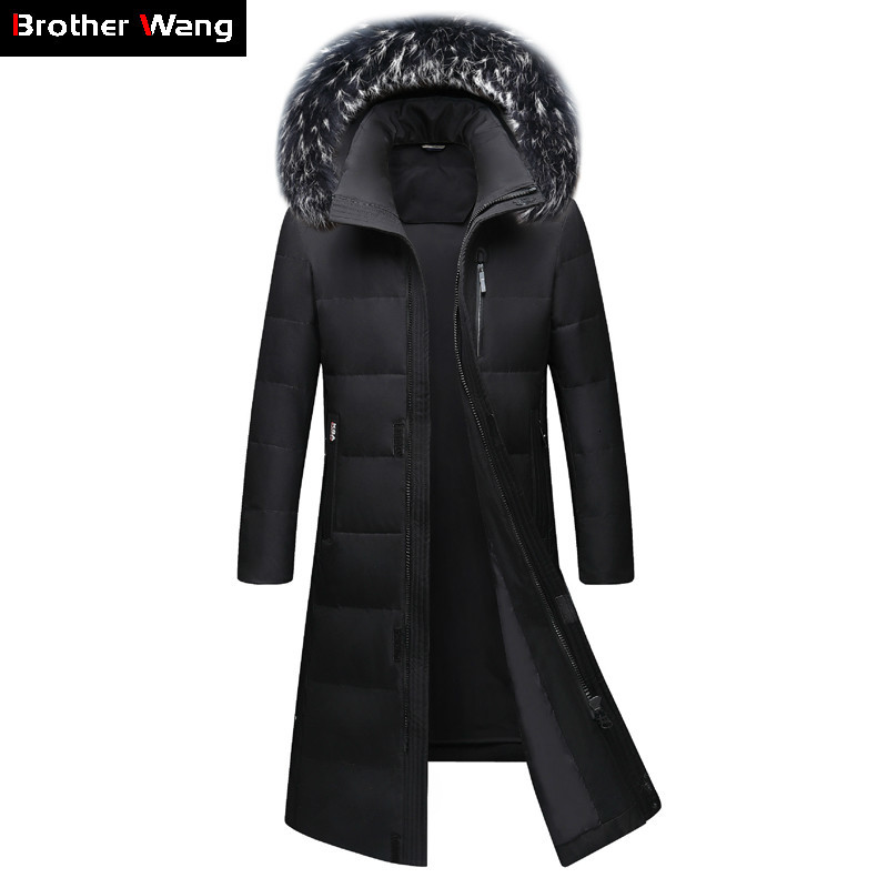 

2021 Winter New Men's Knee Long Jacket Fashion Thicken Warm White Down Fur Collar Hooded Parka Coat Male Brand Clothes 56fb, Black