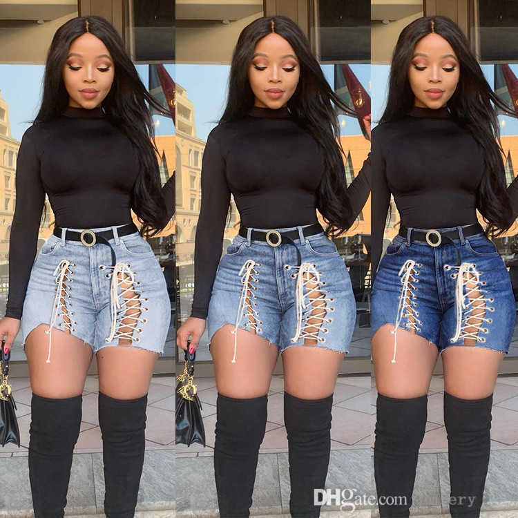 

Women Strapping Denim Shorts Fashion Tassel Slimming Casual Straight Split Jean Pants Designer Summer Trousers A159, Deep blue