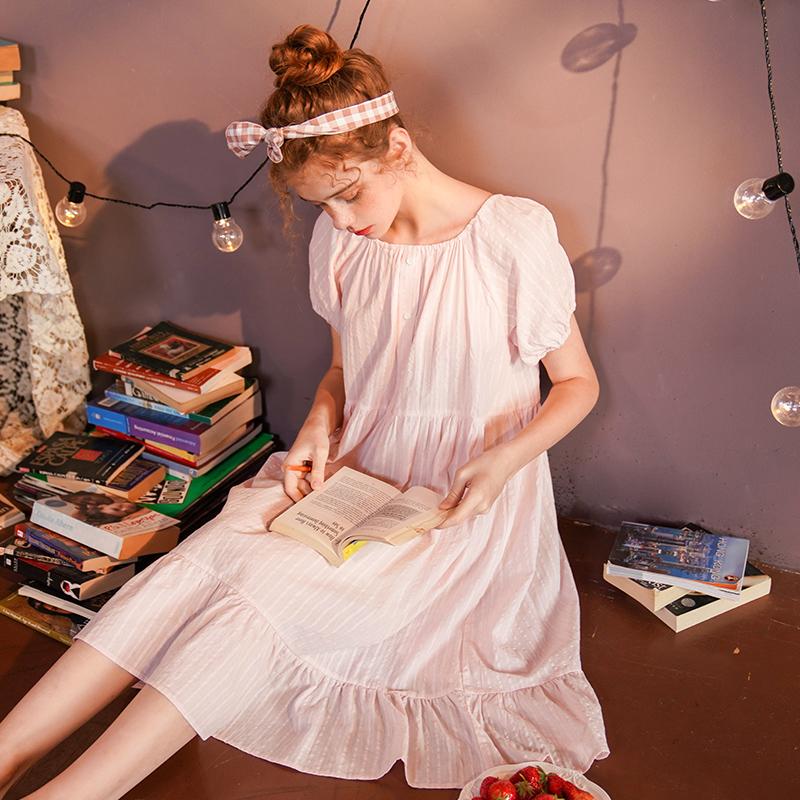 

Solid Cotton Nightdress Short Sleeve Princess Puff Sleeve Ruffle Sleepwear Pajamas Women Nightgown Pijama Mujer Clothes ED50SQ, Shell powder