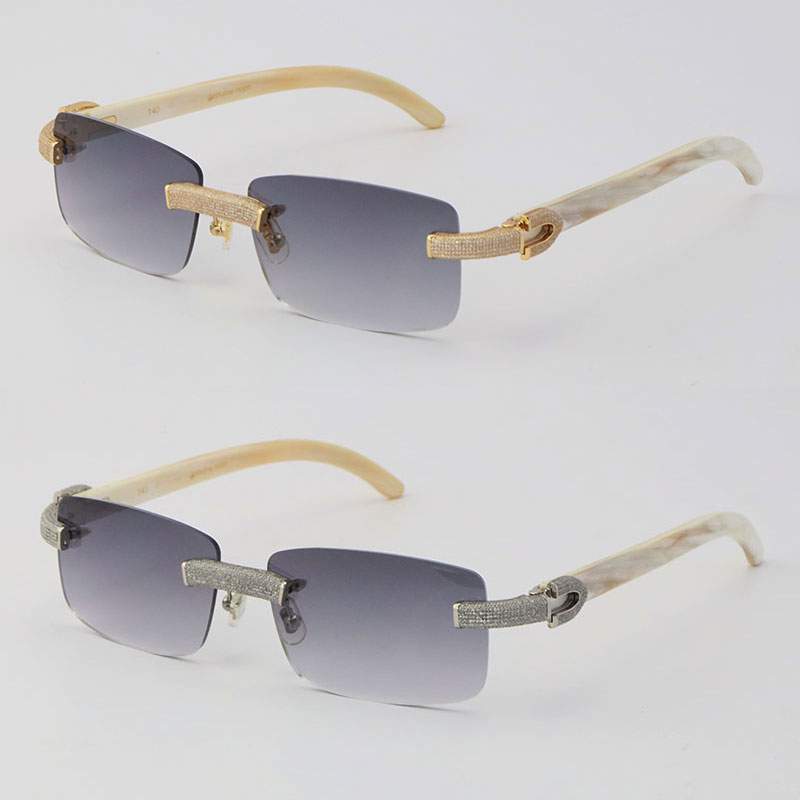 

Micro-paved Diamond Rimless Sunglasses Original White Genuine Natural Buffalo horn Glasses Male and Female 18K Gold C Decoration Luxury Frame Large Square Eyewear