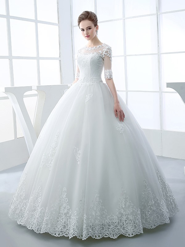 

2021 New Desing Es Appliques Beads Ball Gown with Half Sleeves Bridal Wedding Gowns Plus Size Asip, White