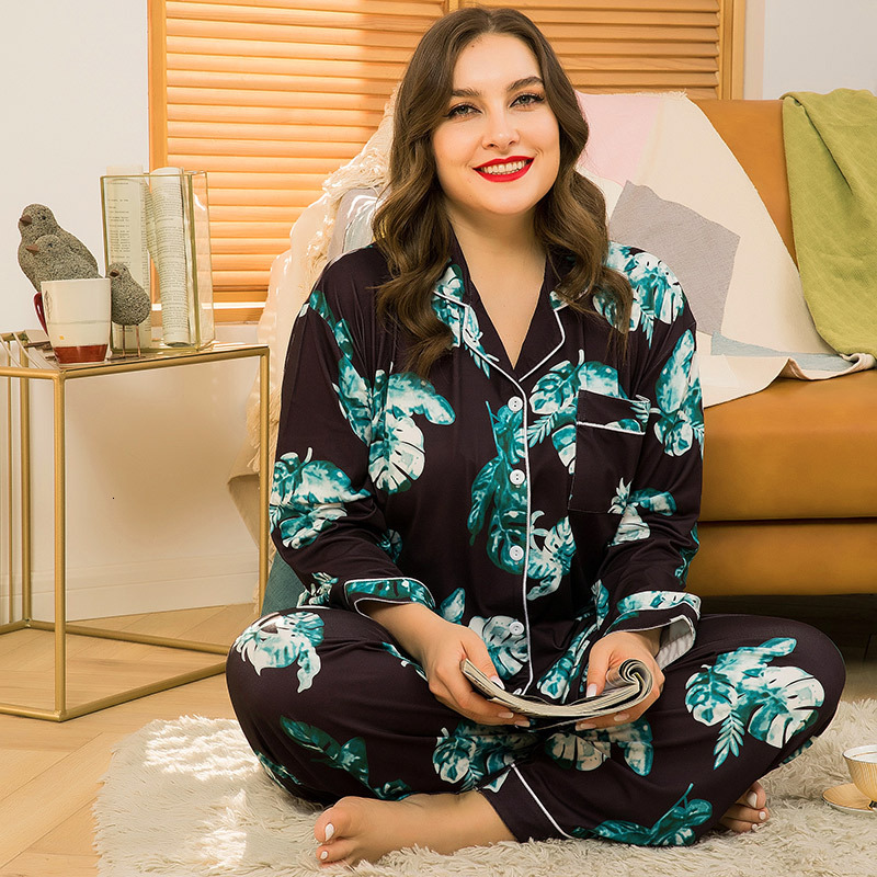 2021 New Ladies&#039; Pyjamas Leaves Sleep Sets Button Cardigan Fat Bathrobe Tops Plus Size Elegant Women Home Clothes Loose Night Wear In5k-image-660900598