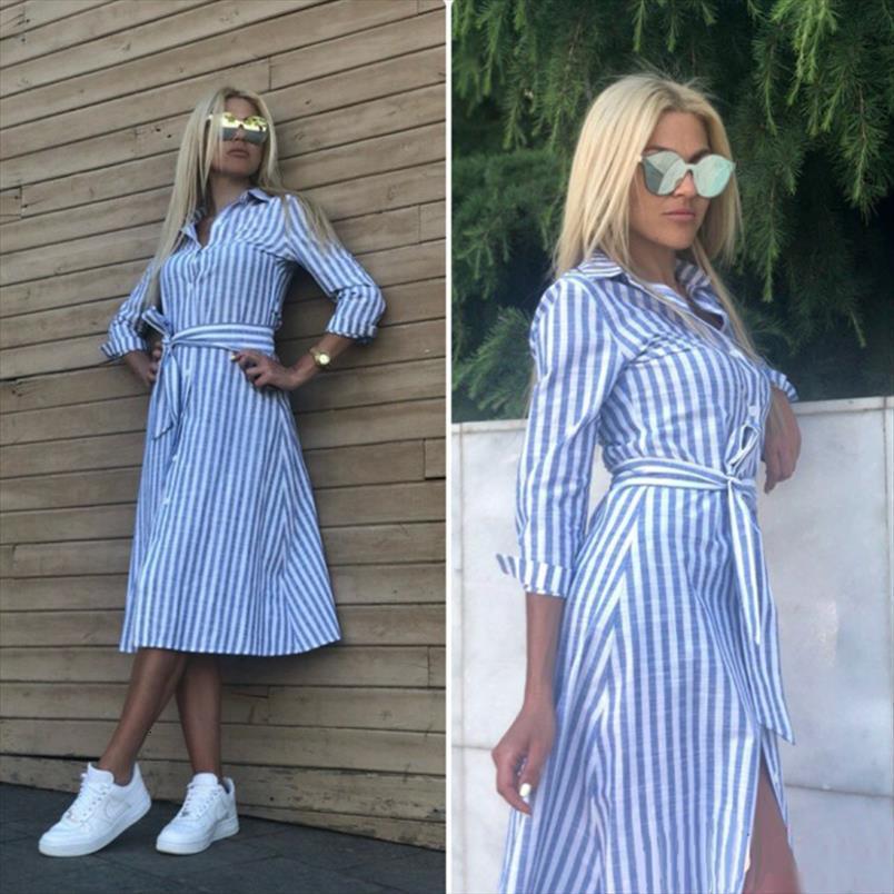 

Casual Blue Striped Sashes Womens Tank Dress Long Sleeve Turn Down Collar A Line Party Vintage Summer Dresses, White