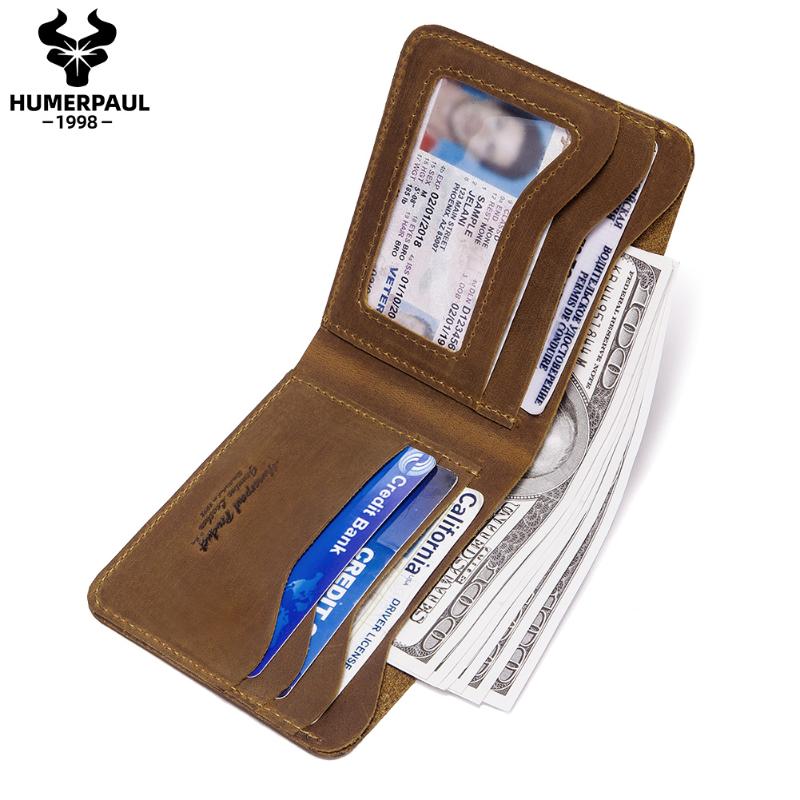

Luxury Men's Wallet Crazy Horse Leather Solid Slim Wallets Men Bifold Short Holders Quality Design Business Purse, Brown