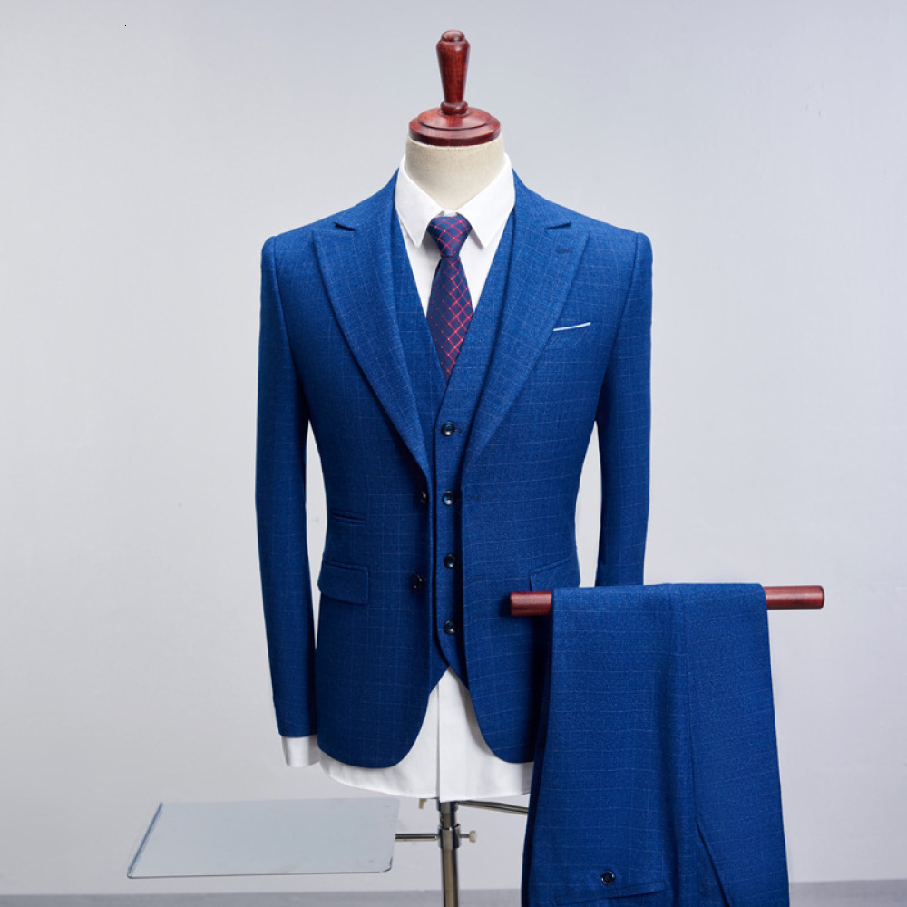 

coat Vest + Pants) 2021 Boutique Plaid Pieces Fashion Men's British Business Social Suit Ho9c, Blue