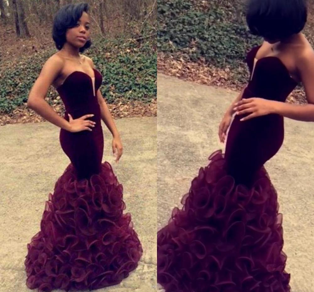 

2021 New Burgundy Mermaid Prom Es African Aso Ebi Veet Sweetheart Ruffles Tiered Skirts Sexy Long Evening Celebrity Gowns F2sh