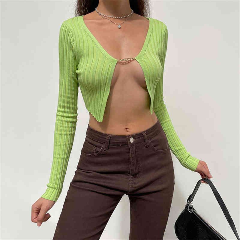 

Spring Autumn Women Crop Tops Long Sleeve Ribbed Cardigan T-Shirt Solid Color Chain Connected Knitwear Sweater Female Clothes G1130