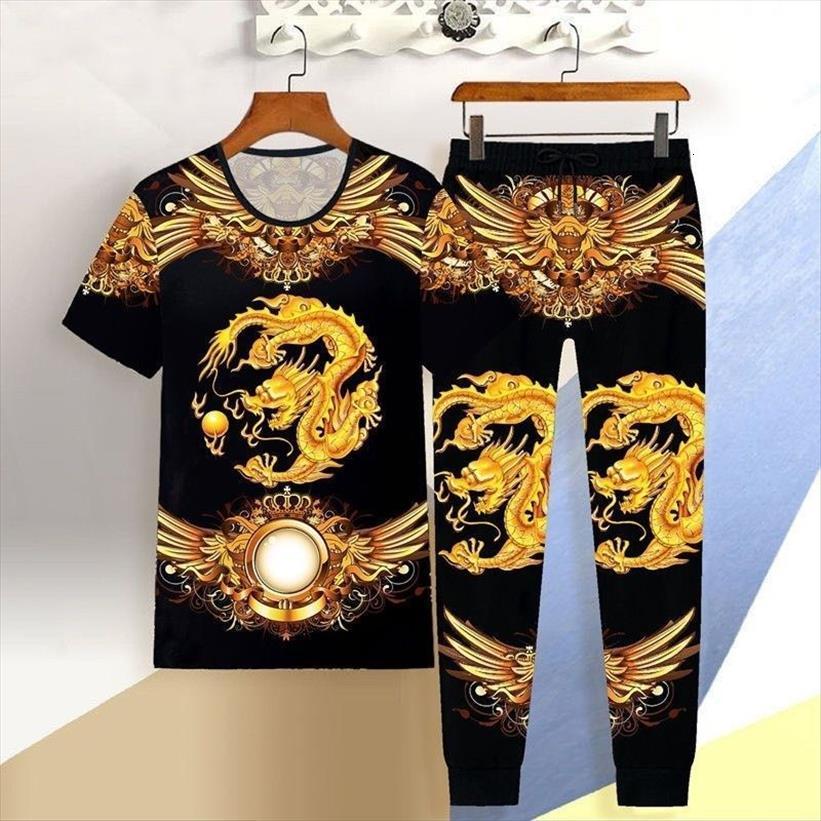 

summer short sleeved men tracksuit t shirt trousers 2 piece suit 3d chinese dragon casual sportswear trend printing loose top, Gray