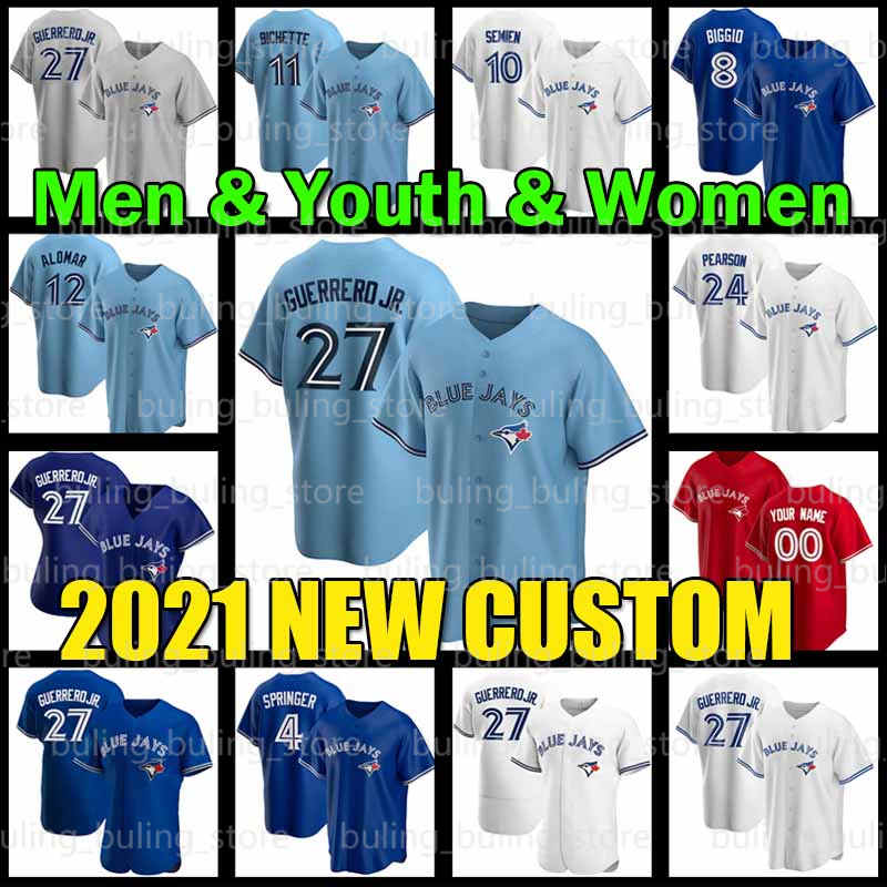 

Mens Youth Women 11 Bo Bichette 4 George Springer Jays Jersey 27 Vladimir Guerrero Jr 37 Teoscar Hernandez 20 Derek Fisher Toronto Blue, Custom men 2021 new cool base(lan niao)