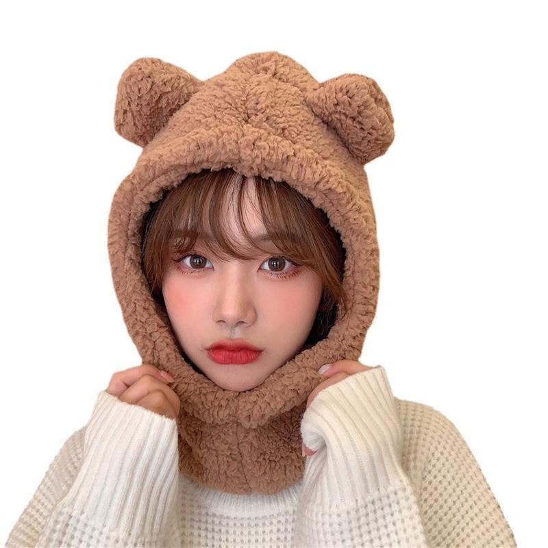 

Berets Cute Winter Head Hood Bear Hat With Pompom Fur Scarf-collar Knitted Balaclava Plush Outdoor Riding Cold Warm Bobble, Khaki