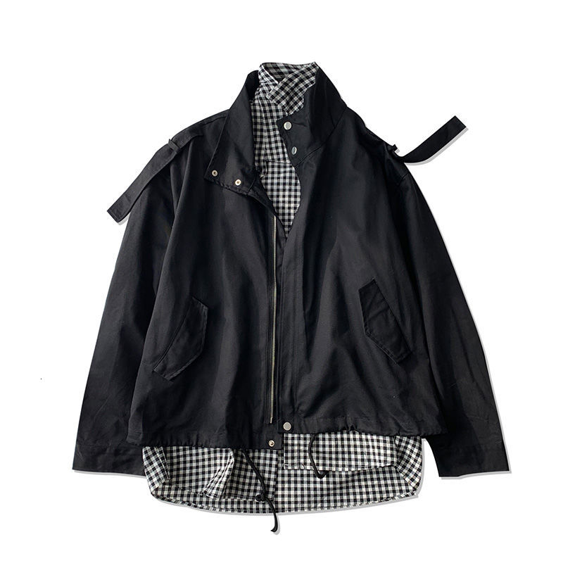 

men's jackets spring autumn plaid sewing fake two pieces of korean men's jacket loose casual harajuku streetwear bomber 2xl ss6k, Black;brown