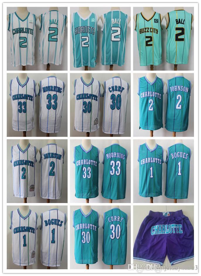 

Mens Charlotte Hornets 33 Alonzo Mourning 2 Larry Johnson 1 Bogues 30 Dell Curry 2 LaMelo Ball Basketball Shorts Jerseys, Black;red