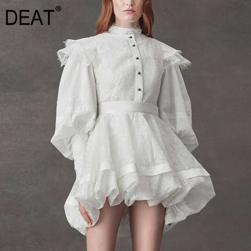

[DEAT] Stand Collar Long Sleeve Ruffle Embroidery White Shirt High Waist Shawl Elegant Dress Two Piece Set Women Summer 210527