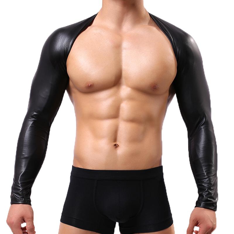 

Bras Sets Men Chest Harness Faux Leather Mesh Breathable Lingerie Long Sleeve Crop Top Sexy Latex Belt Strap Club Party Costumes, Black