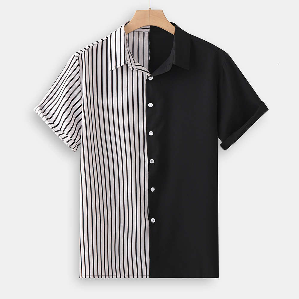 

Obcy men's summer 2021 new short sleeve shirt black and white stripe fashion simple, White;black