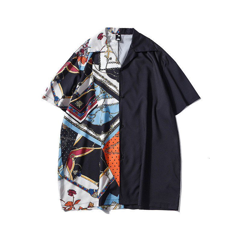 

2021 Summer Men's Vintage Korean Shirts Fashion Black White Patchwork Short Sleeve Chain Striped Print Hawaiian Beach Shirt 35zt, Zj210