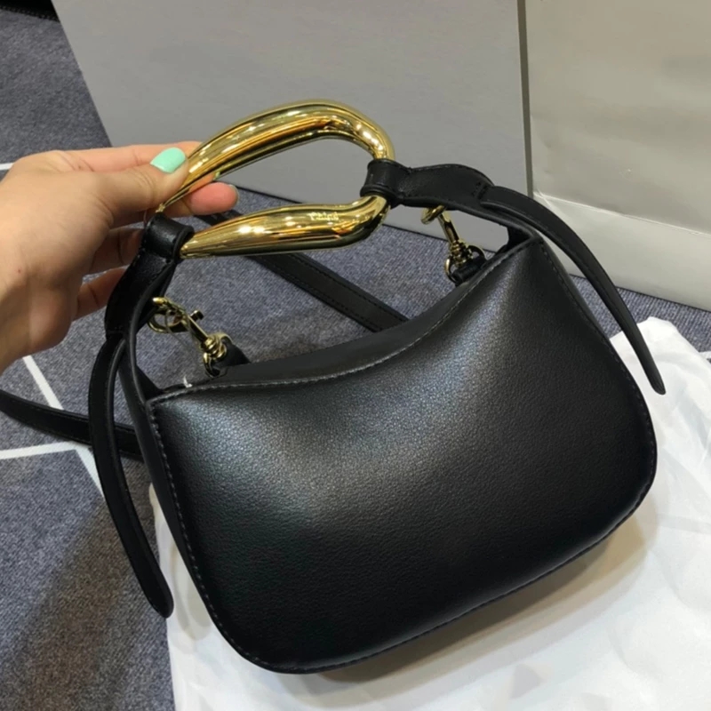 

Retro Contrasting Color Metal Handle Genuine Leather Bags Ladies' New Semicircle Crescent Handbags Fashion Cross Shoulder Bag, Black