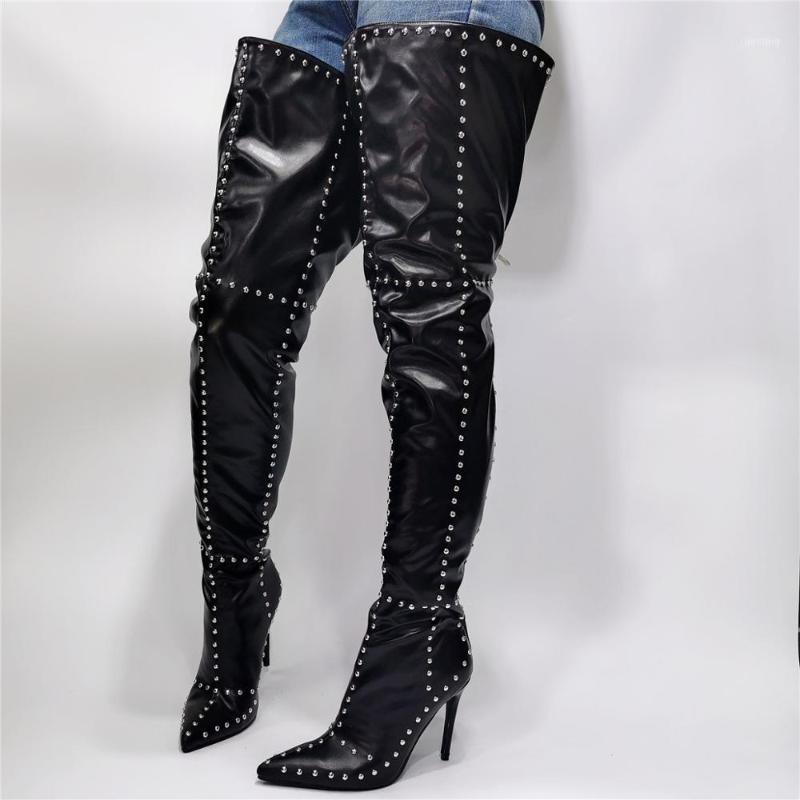

Female Botas Overknee Long Stiletto Leather Thigh High Crotch Dance Boots Rivets Sexy Ladies Heel Runway Trendy Shoe Woman1, As picture
