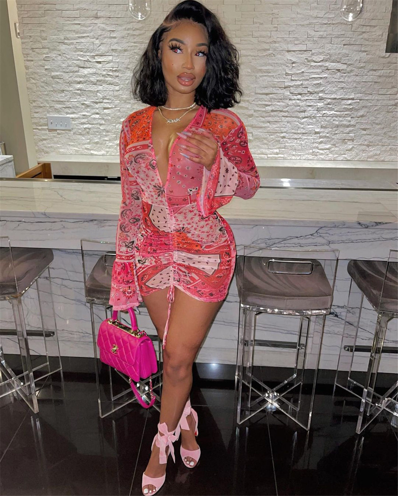 

Pink Bandana Mesh Bodyocn Dress Club Outfits for Women Flared Long Sleeve Deep V Neck Draw String Mini Dress D44-CD17, Black;gray