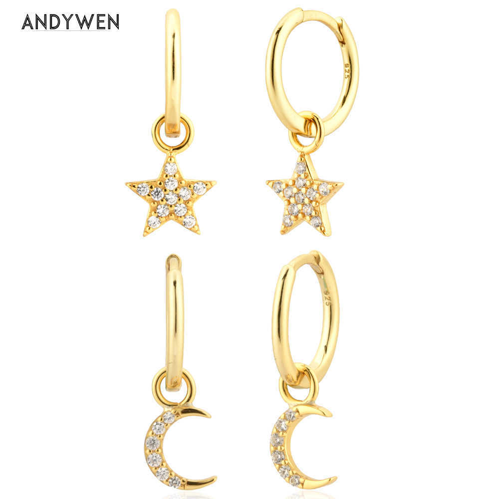 

ANDYWEN 925 Sterling Silver Gold Star Moon Zircon CZ Charm Drop Earring Dangle Fashion Fine Jewelry Gift Wedding Tiny Clips 210608