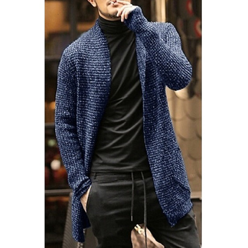

2021 Long-sleeve Shirts Cardigan Knitted Men' Clothing Solid Casual Fashion Hot Winter Open Front Shawl Longline Collar Qmpj, Dark blue