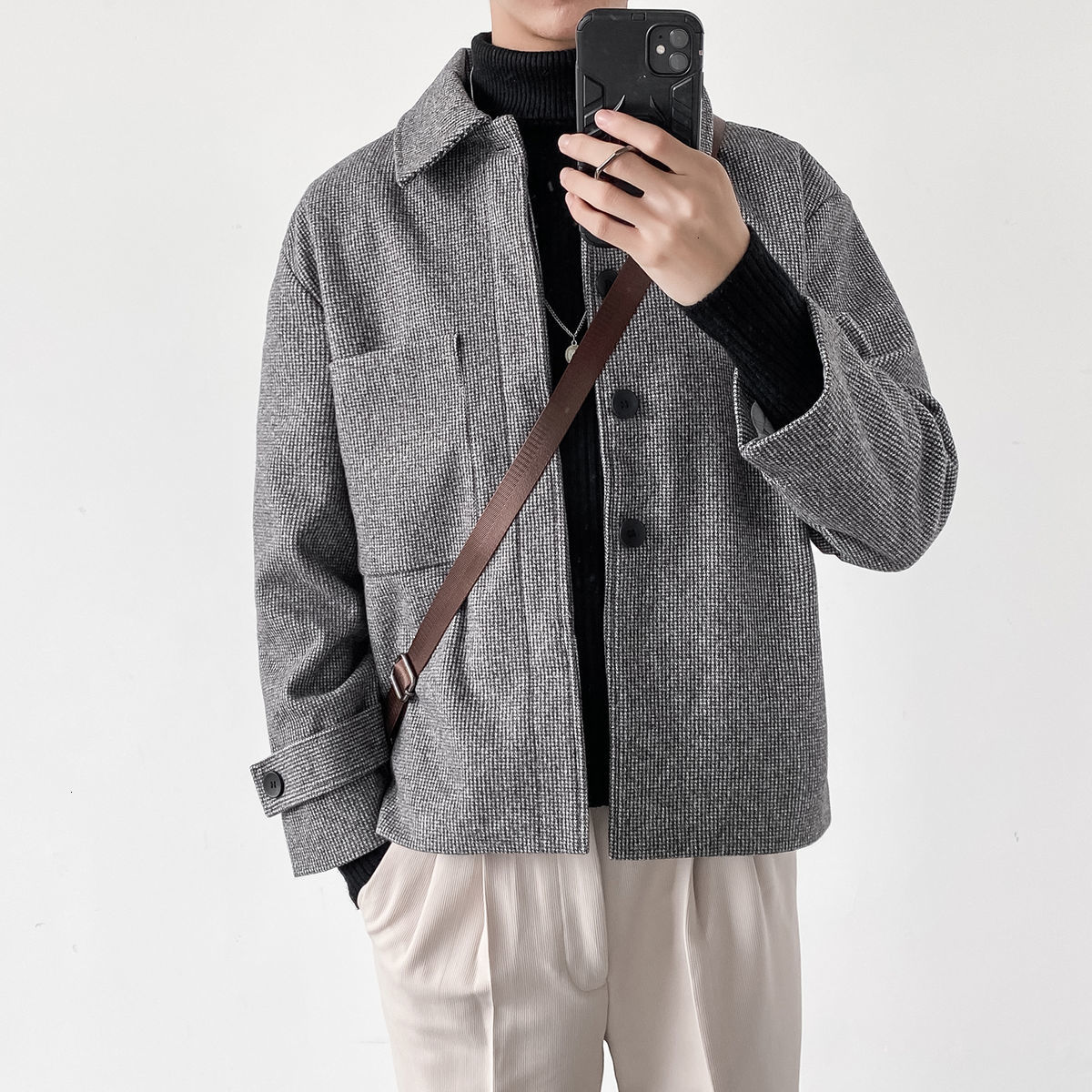 

2021 New Men's Winter Weight Mixes Short-style Youth Jackets Cashmere Parkas Long Wool Trench Coats Plus Size M-2xl 4qcv, Brown