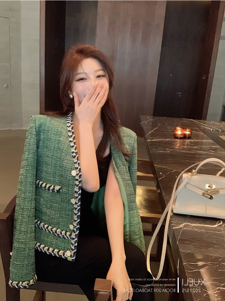 

2021 Autumn new design women' green color tweed woolen fashion coat long sleeve casacos SML