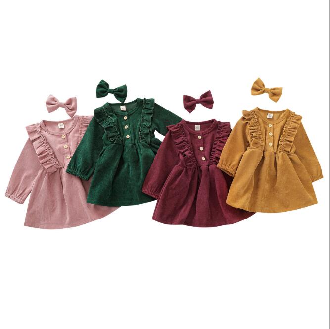 

Girls Dresses Toddler Corduroy Dress With Hairpin Baby Lace Princess Bowknot Headband Infant Long-Sleeved Newborn Boutique Clothing WMQ626, 1lot=1set=2pcs=1dress+1 bowknot