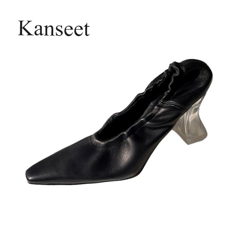 

Dress Shoes Kanseet 2021 Women Pumps Spring Autumn Genuine Leather High Quality Handmade Small Square Toe Pleated Transparent Heel, Black