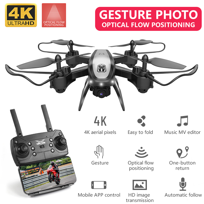 

KY909 WiFi FPV RC Drone 4K Wide Angle HD Camera LED Lights Optical Flow Altitude Hold RC Quadcopter Drone -20min, Black