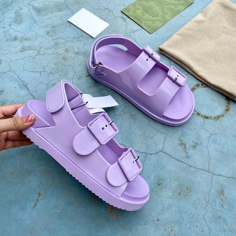 

Top Quality Women Sandals Mini Double G Rubber Shoes Designer Platform Hook&Loop Sandal Jelly Solid Black Purple With Two Straps Buckles Flat Slide 299, Socks
